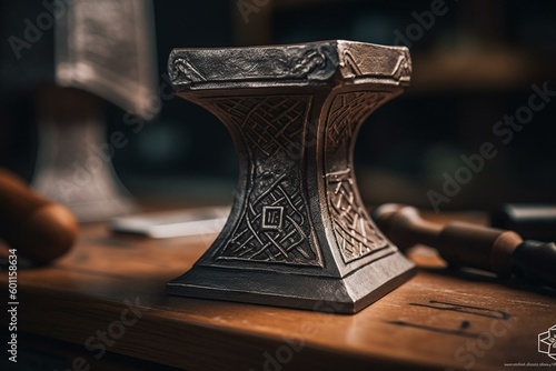 Decorative metal anvil on table. Generative AI