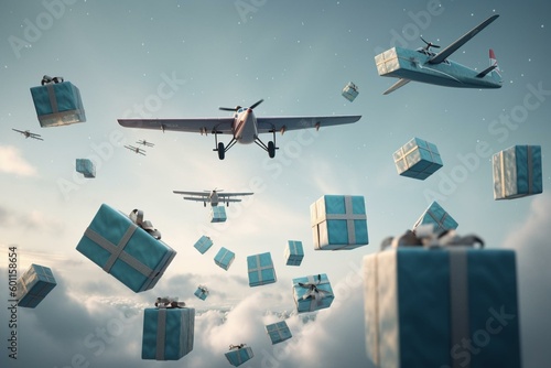 Recipients receive gifts via flying gift boxes carried by airplanes. 3D render. Generative AI