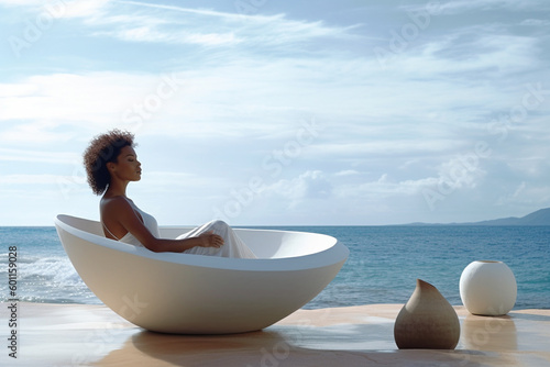 Young black woman relaxing in a tub chair on deck overlooking ocean water. 