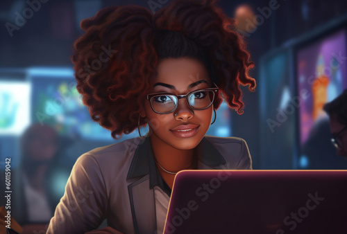 Young black woman sitting at laptop computer working at night to meet a deadline