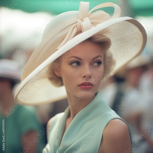 Beautiful woman in high society wearing a fancy hat at a horse race.  photo
