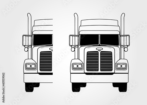 Semi Truck. Vector Lorry. Freight transportation. Flat vector illustration. American truck. Semi Truck. Dump truck trailer cab. Front view.