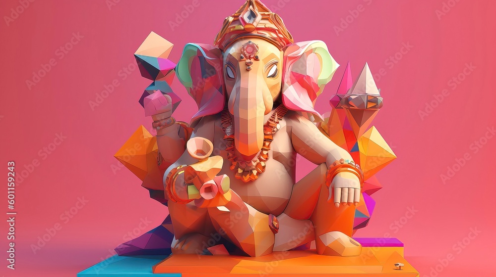 Colorful God Ganesha. Elephant Nose. Solid Background. Generative AI