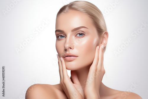 Beautiful face of young woman with perfect health skin. AI Generative