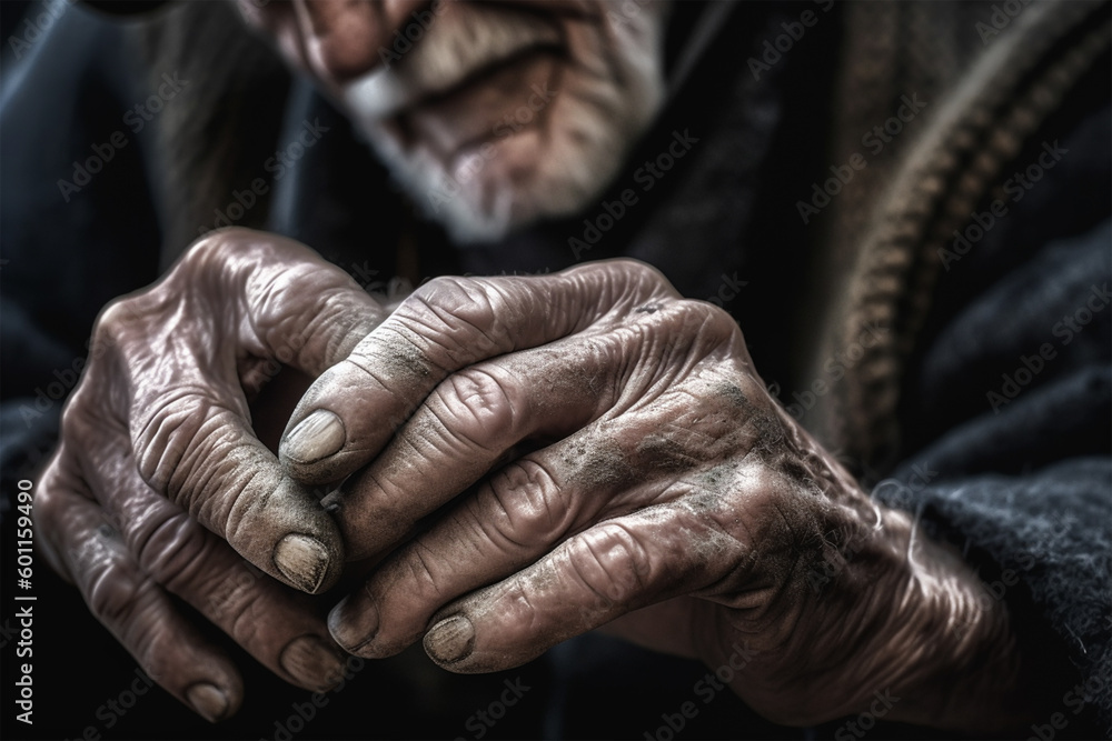 Fototapeta premium Old worker man hands.Hard life concept.Close up view.Created with generative ai
