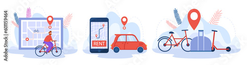 Urban transport rental vector illustrations set. Cartoon drawings of man riding bicycle, car and phone with map and word rent, electric scooter charging station. Transportation, mobility concept