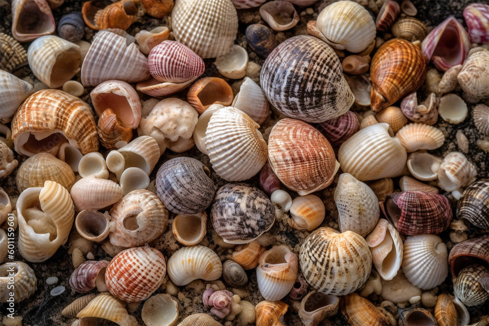 Colorful seashells on the beach.Close up and top view.Created with generative ai