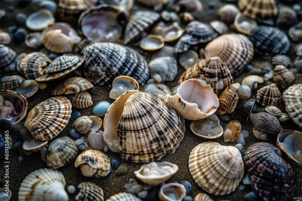 Colorful seashells on the beach.Close up and top view.Created with generative ai Colorful seashells on the beach.Close up and top view.Created with generative ai
