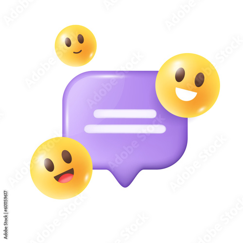 Speech bubble with emoticons 3d vector illustration. Social media icon and happy faces for networking sites or apps in cartoon style isolated on white background. Online communication concept