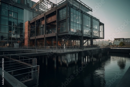 Modern structure near waterfront. Generative AI