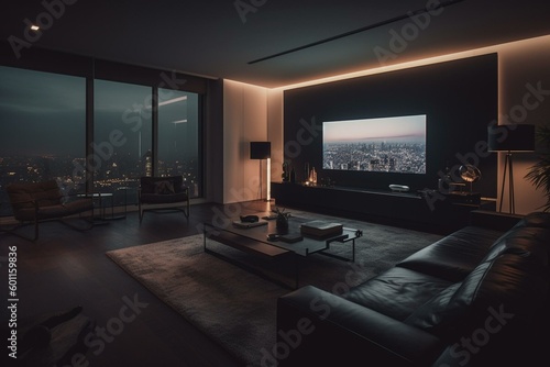 A spacious living room displays a huge flat-screen TV as the night falls. Generative AI