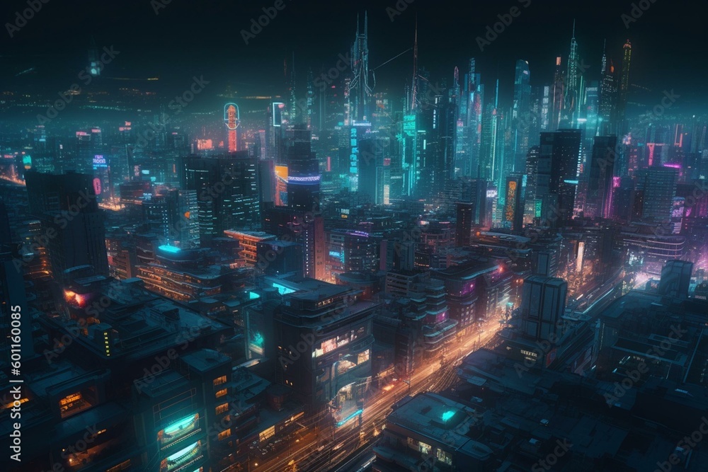 Futuristic metropolis with neon lights glowing in the darkness. Generative AI