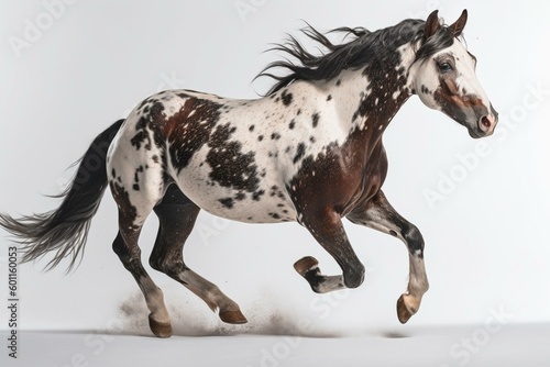 Piebald horse running on a white background. Generative AI
