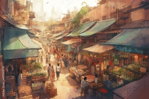 Digital artwork of a bustling marketplace in watercolor style. Conceptual 2D illustration. Generative AI © Xanthe