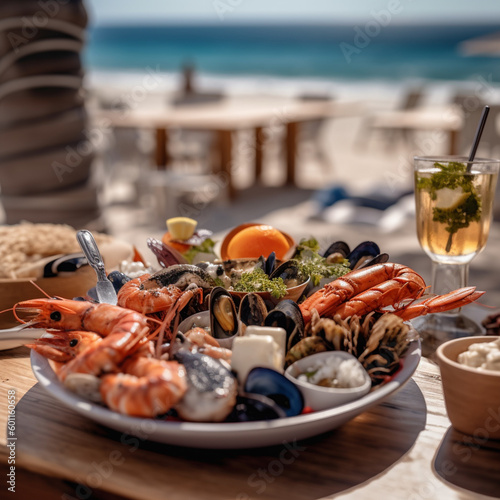 Fototapet seafood on the beach - prawns and oysters - seafood cafe - restaurant - beachsid