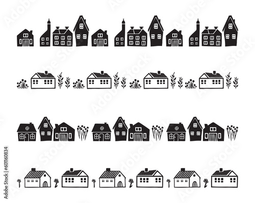 Set of banners of quirky house vector illustrations for graphic edging. Childish linocut rural cottage town border in scandi style