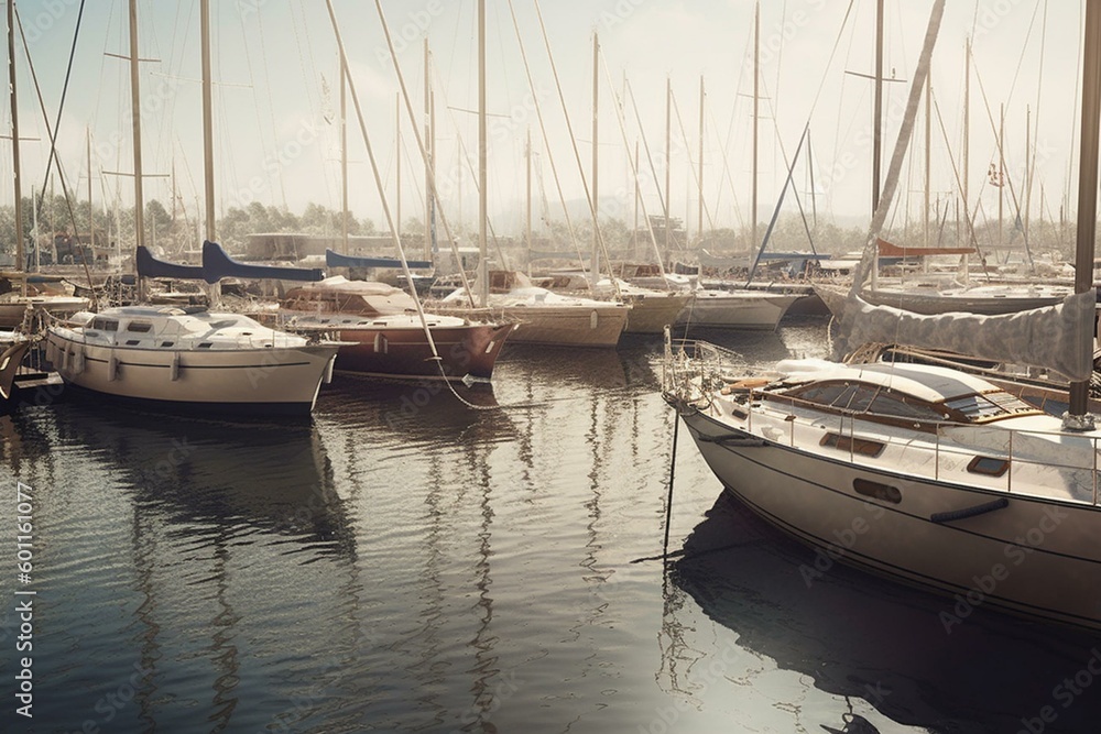 Illustration of boats in the harbor during the day. Generative AI