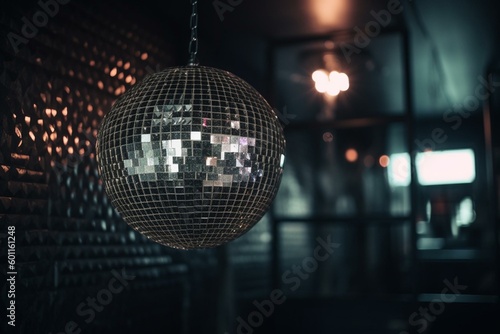 Disco ball in heart shape hangs in club with wallpaper background. Generative AI