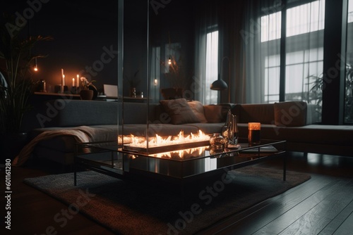 Modern lounge with fire. Generative AI