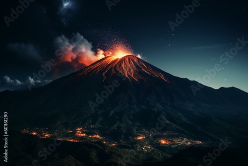 Nighttime volcano and mountain fire. Generative AI