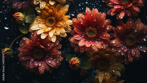 Flowers with drops of water close-up dark romantic background. Wildflowers wallpaper. Ai generated