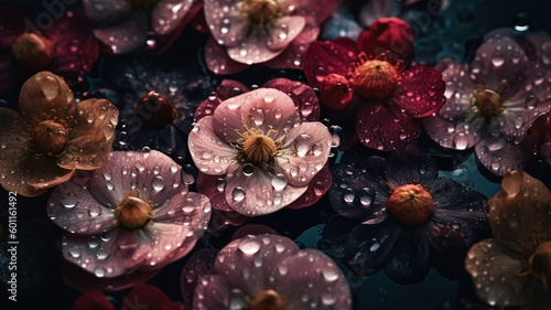 Flowers with drops of water dark moody romantic background. Ai generated