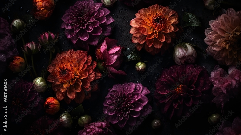 Flowers with drops of water moody romantic background. Close-up floral banner. Ai generated