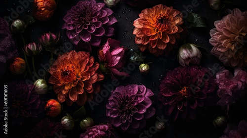Flowers with drops of water moody romantic background. Close-up floral banner. Ai generated © Artem81