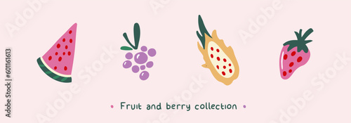 Fruit and berry vector collection. Hand drawn clipart of watermelon slice, blackberry, dragon fruit, strawberry