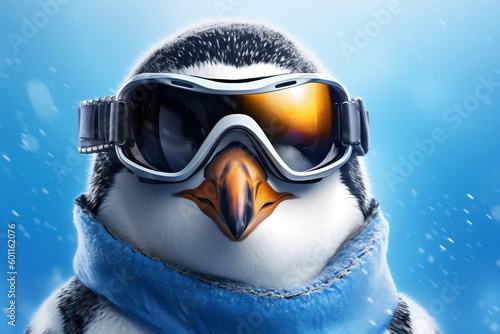 Closeup portrait of penguin wearing winter scarf and ski goggles, standing on blue background with snow flakes. Winter sport activities concept. AI generative