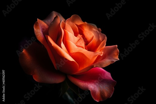 A vibrant rose in shades of orange and pink, set against a black background with a bold red center. Generative AI