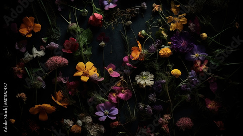 Wildflowers dark moody romantic background. Close-up floral card backdrop. Ai generated