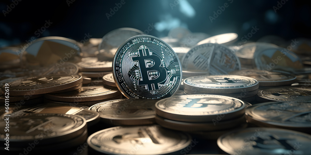 Close up photo of bitcoin crypto currency. Generative AI 