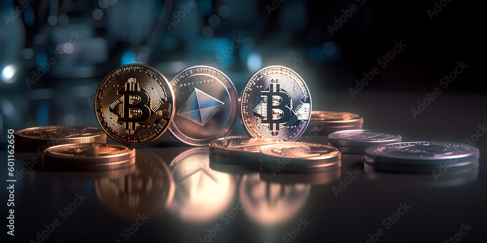Close up photo of bitcoin crypto currency. Generative AI