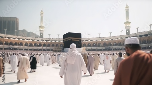 crowded Muslim people surrounding the Kaabah in Mecca, Generative AI photo