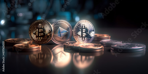 Obraz na płótnie Close up photo of bitcoin crypto currency. Generative AI w salonie