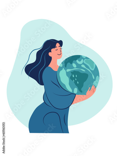 Our home planet symbolized as an eco friendly and sustainable globe in a miniature human context. Female character protect our earth. Concept consciousness and ecosystem preservation. Vector.