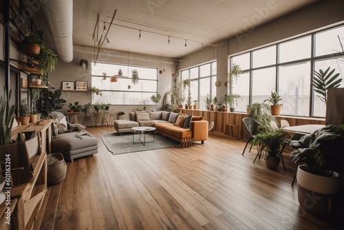 Contemporary indoor space featuring wood accents & bright decor. Generative AI