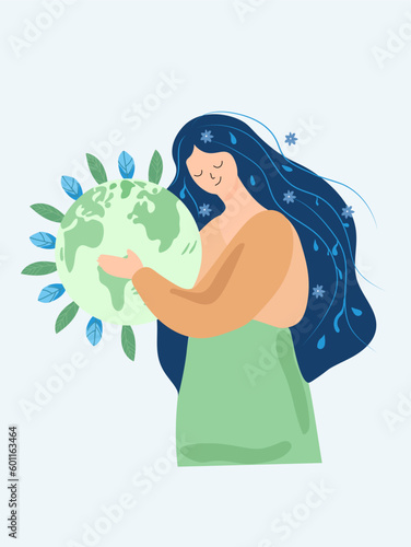 Our home planet symbolized as an eco friendly and sustainable globe in a miniature human context. Female character protect our earth. Concept consciousness and ecosystem preservation. Vector.