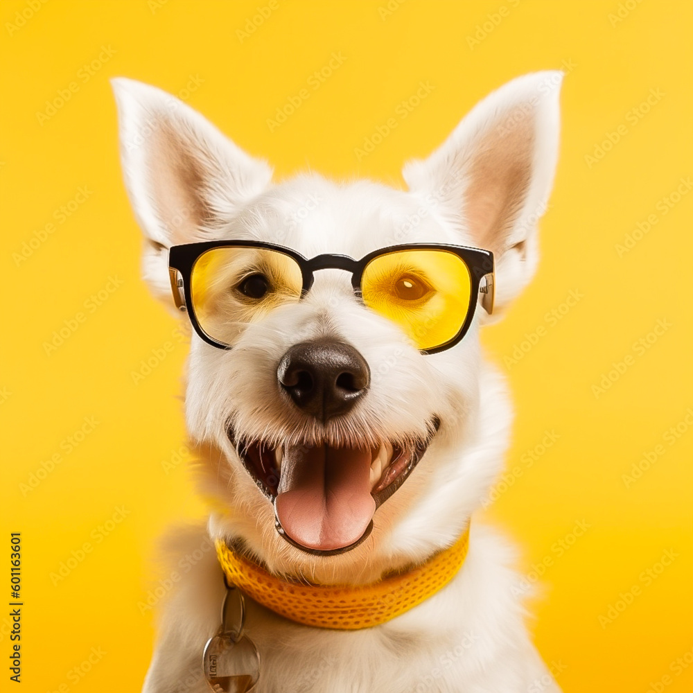 portrait of a dog with glasses on a yellow background in the studio, yellow background, space for text. The image is generated with AI