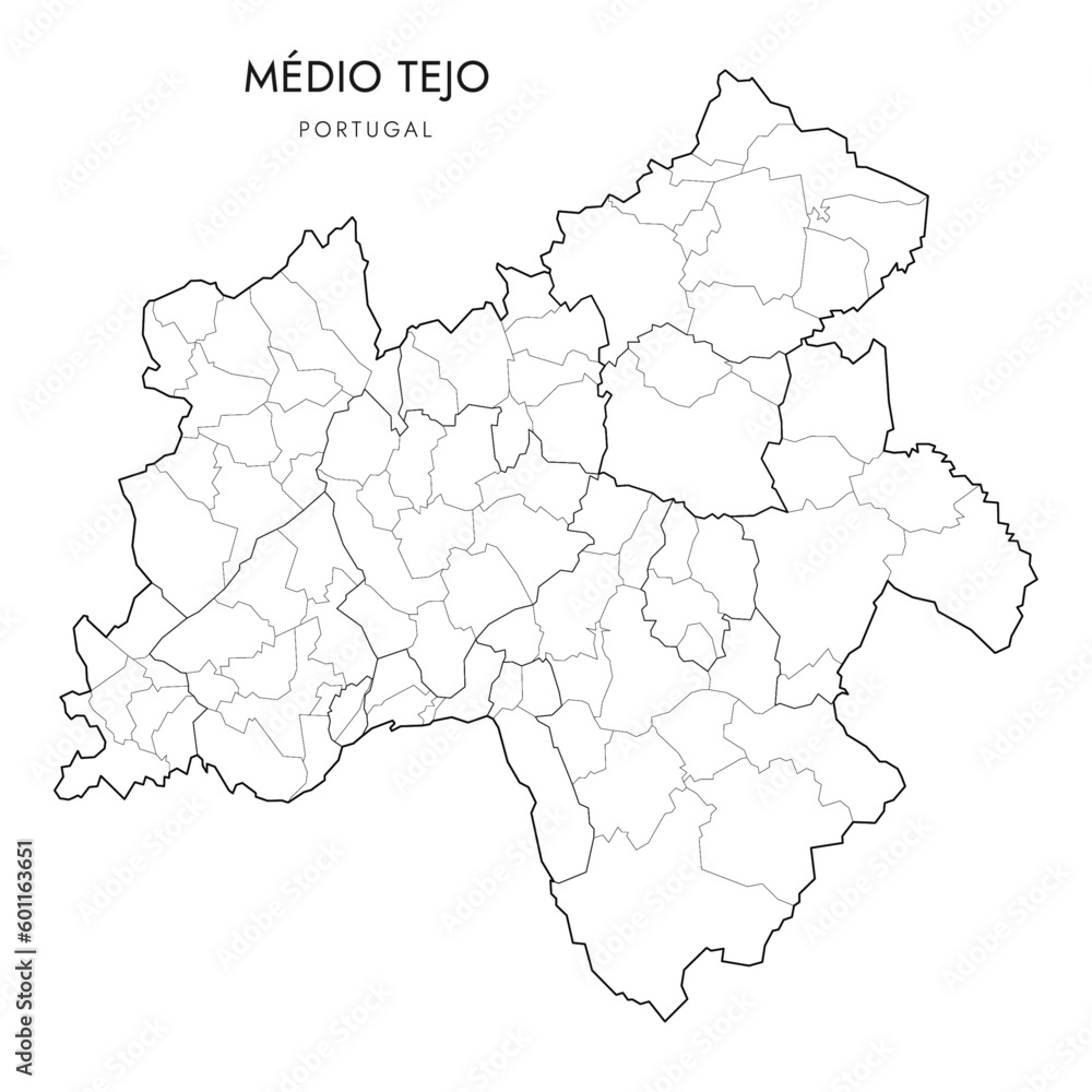 Vector Map of the Subregion of Médio Tejo (Comunidade Intermunicipal) with administrative borders of Districts, Municipalities (Concelhos) and Civil Parishes (Freguesias) as of 2023 - Portugal