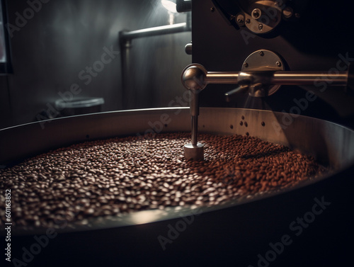 Fresh coffee beans in roasting machine - Generative AI