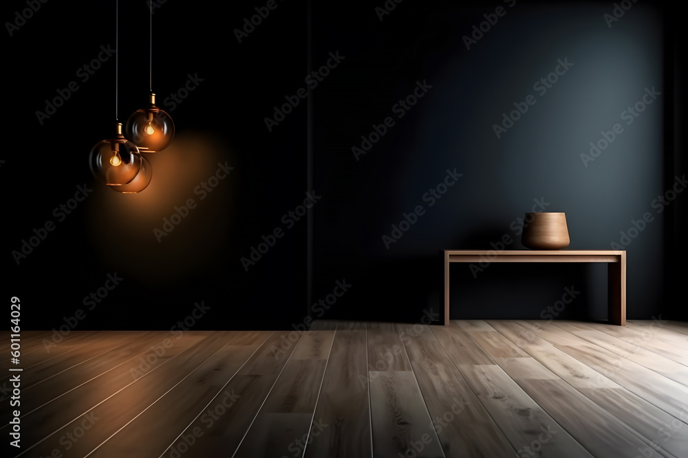 Empty dark room with beautiful chiaroscuro and wooden floor. Minimalist background for product presentation. Generative AI Empty dark room with beautiful chiaroscuro and wooden floor. Minimalist background for product presentation. Generative AI