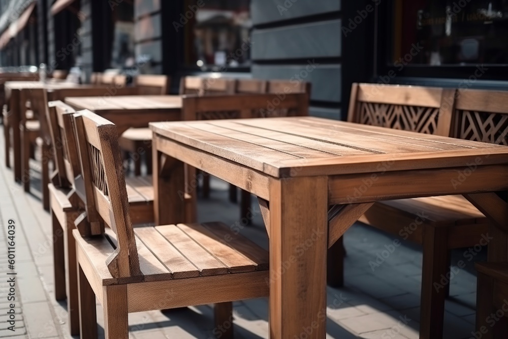 illustration, wooden table with chairs to relax in the street, ai generative.
