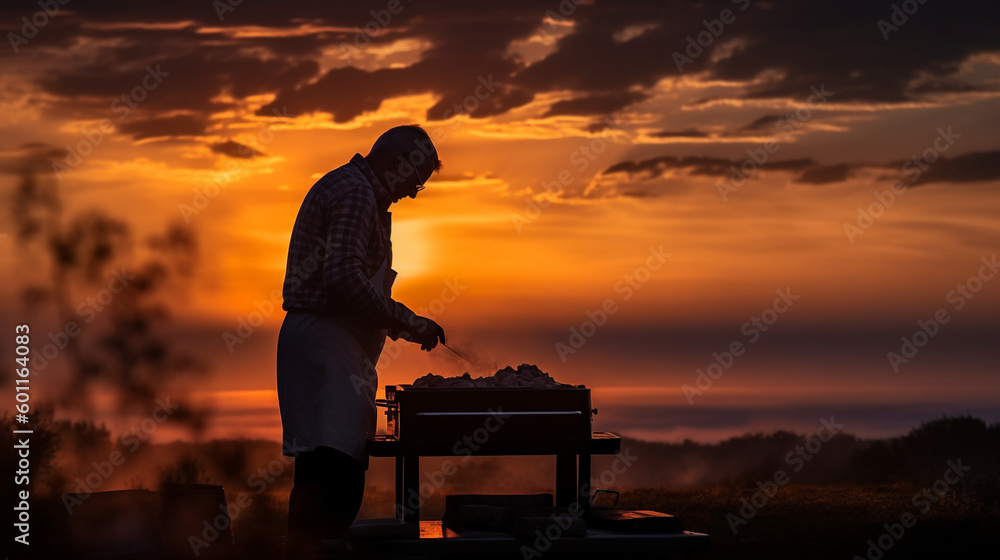 Middle aged man grilling meat on gas grill silhouetted in sunset - Generative AI Middle aged man grilling meat on gas grill silhouetted in sunset - Generative AI