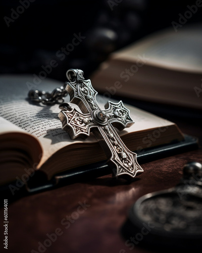 Christian cross, religious symbol in silver - Generative AI