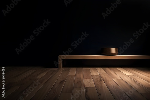 Empty dark room with beautiful chiaroscuro and wooden floor. Minimalist background for product presentation. Generative AI