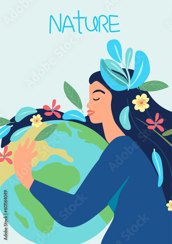 Our home planet symbolized as an eco friendly and sustainable globe in a miniature human context. Female character protect our earth. Concept consciousness and ecosystem preservation. Vector.