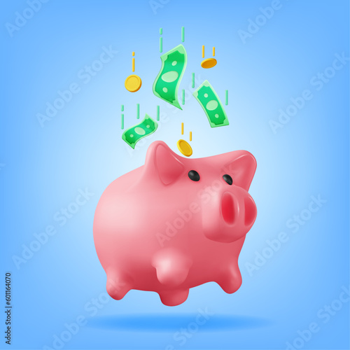 3D Piggy Bank with Coins and Banknotes Isolated. Render Plastic Piggy Bank for Money. Moneybox in Form of Pig. Concept of Cash Money, Business Deposit Investment Financial Savings. Vector Illustration