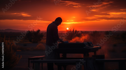 Middle aged man grilling meat on gas grill silhouetted in sunset - Generative AI